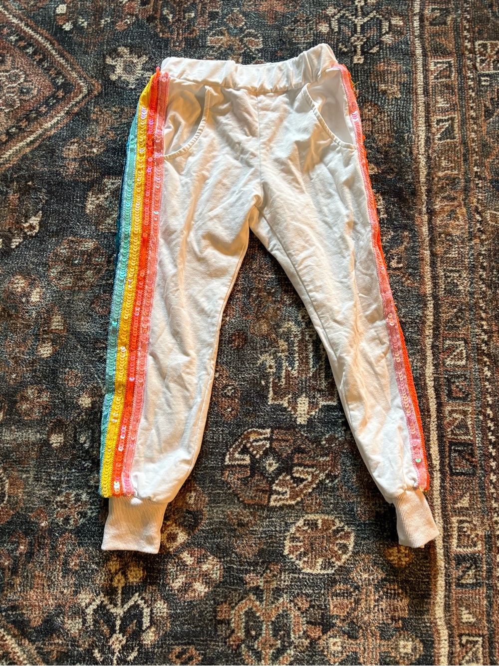 Lola + The Boys size 6 White Jogger Pants with Rainbow Sequin Side Stripes